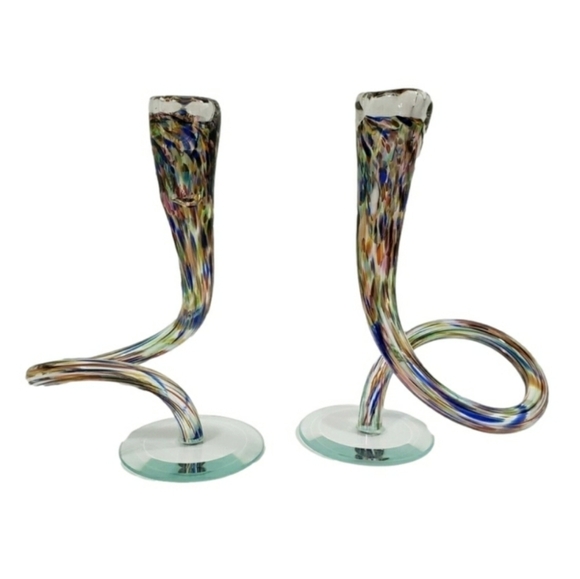 Vintage Candlesticks Hand Blown Michael Hudson Twisted Glass Confetti Set of 2 - Picture 3 of 15